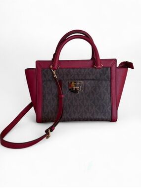 Michael Kors Burgundy and Brown Logo Satchel with Gold Hardware